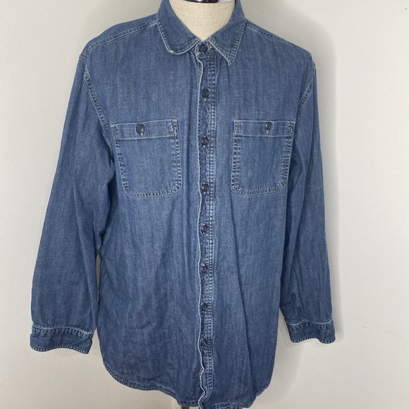 LL Bean Shirt Mens XL Tall Blue Denim Work Shirt Flannel Lined Button Front - Picture 1 of 6